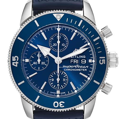 The image shows a frontal view of the Breitling Superocean A13313 Men's Stainless Steel Blue Dial A13313 Men's Stainless Steel Blue Dial watch, displaying the dial, bezel, and crown.