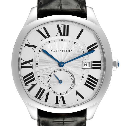 The Drive de Cartier watch is shown from a front angle, displaying the face, Roman numerals, date window, and blue hands.