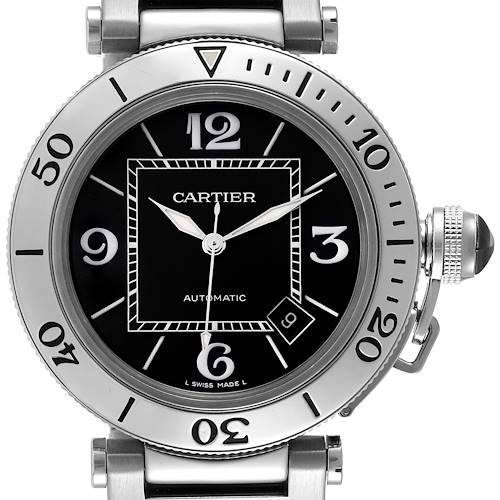 This image shows a front view of a Cartier Pasha W31077M7 Men's Stainless Steel Black Dial W31077M7 Men's Stainless Steel Black Dial watch, highlighting the dial, bezel, and crown.