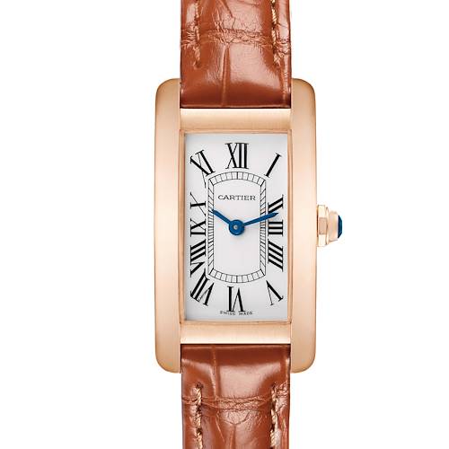 The Cartier Tank Américaine watch is shown from a front angle, highlighting its rectangular face, Roman numerals, and leather strap.
