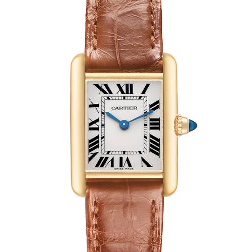 The Cartier Tank Louis W1529856 Women's Yellow Gold Silver Dial watch is shown from the front, displaying its dial, case, crown, and leather strap.