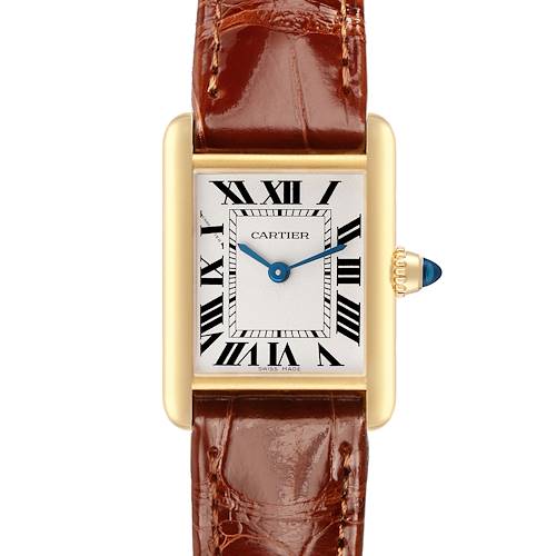 The Cartier Tank Louis W1529856 Women's Yellow Gold Silver Dial watch is shown from the front, displaying its rectangular dial, gold case, Roman numerals, and leather strap.