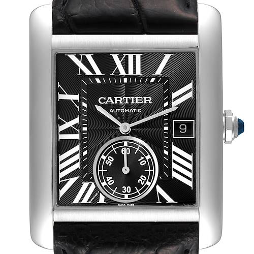 This image shows a frontal view of the Cartier Tank MC W5330004 Men's Stainless Steel Black Dial W5330004 Men's Stainless Steel Black Dial watch, highlighting its face, bezel, and part of the strap.