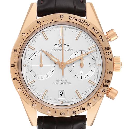 The image shows a front view of the Omega Speedmaster 331.53.42.51.02.002 Men's Rose Gold Silver Dial 331.53.42.51.02.002 Men's Rose Gold Silver Dial watch face, showcasing its dials, hands, tachymeter, and buttons.