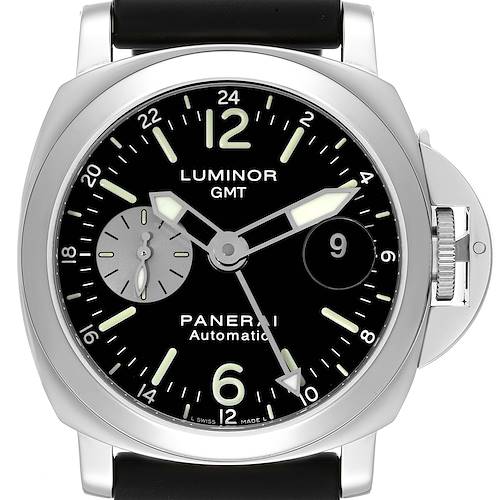 This image shows a frontal view of a Panerai Luminor PAM00088 Men's Stainless Steel Black Dial PAM00088 Men's Stainless Steel Black Dial GMT watch, displaying the dial, case, and part of the strap.