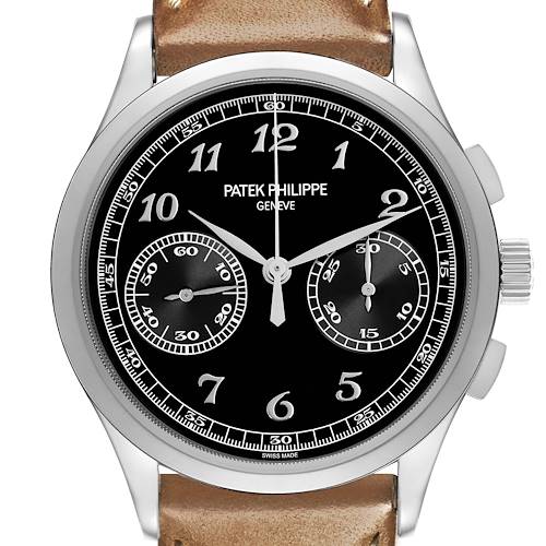 The Patek Philippe Complications 5170G Men's White Gold Black Dial watch is shown from the front, highlighting its dial, hands, subdials, and crown with a leather strap.