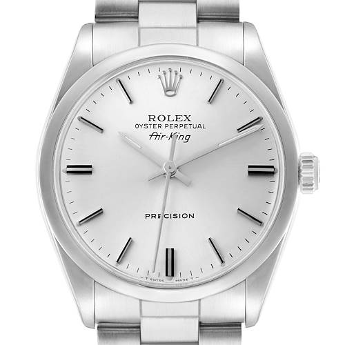 The image shows a front view of the Rolex Air-King 5500 Men's Stainless Steel Silver Dial watch, highlighting the dial, hands, crown, and part of the bracelet.