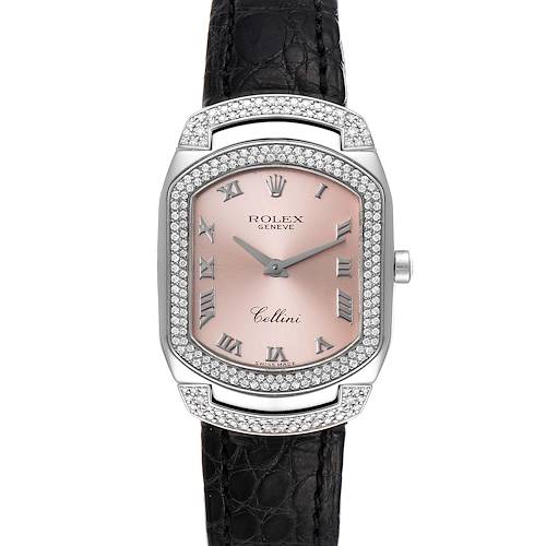 This Rolex Cellini 6693 Women's White Gold Pink Dial 6693 Women's White Gold Pink Dial watch is shown from the front, displaying the dial, bezel, case, and black leather strap.
