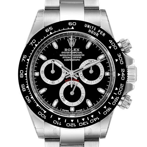 The image shows the front angle of a Rolex Daytona 116500 Men's Stainless Steel Black Dial 116500 Men's Stainless Steel Black Dial watch, highlighting the dial, bezel, and chronograph buttons.