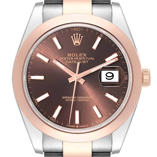 This image shows a close-up, front-facing view of a Rolex Datejust 41 126301 Men's Steel and Gold (two tone) Brown Dial 126301 Men's Steel and Gold (two tone) Brown Dial watch, highlighting the dial, hands, bezel, and part of the bracelet.
