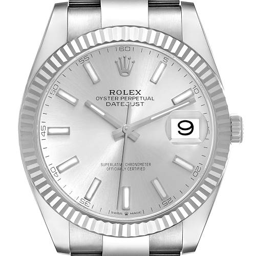 The image shows a frontal view of the Rolex Datejust 41 126334 Men's Stainless Steel Silver Dial 126334 Men's Stainless Steel Silver Dial watch, showcasing its silver dial and fluted bezel.
