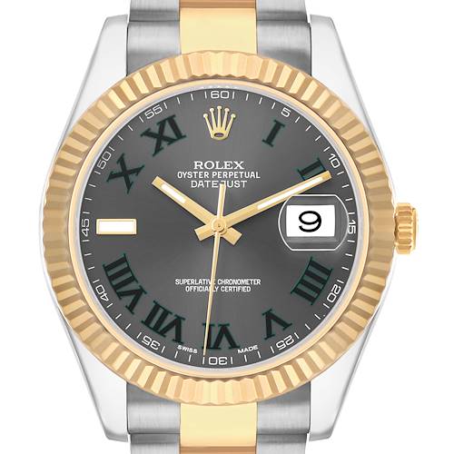 The Rolex Datejust 41 116333 Men's Steel and Gold (two tone) Grey Dial watch is shown from a front view, highlighting the dial, bezel, crown, and part of the bracelet.