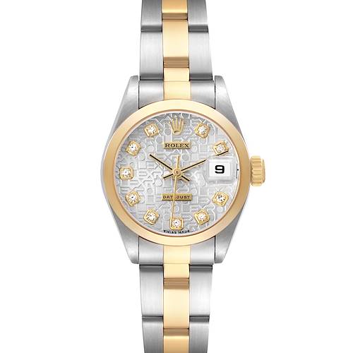 The Rolex Datejust 79163 Women's Steel and Gold (two tone) Silver Dial watch is shown from the front, displaying the dial, bezel, bracelet, and crown.