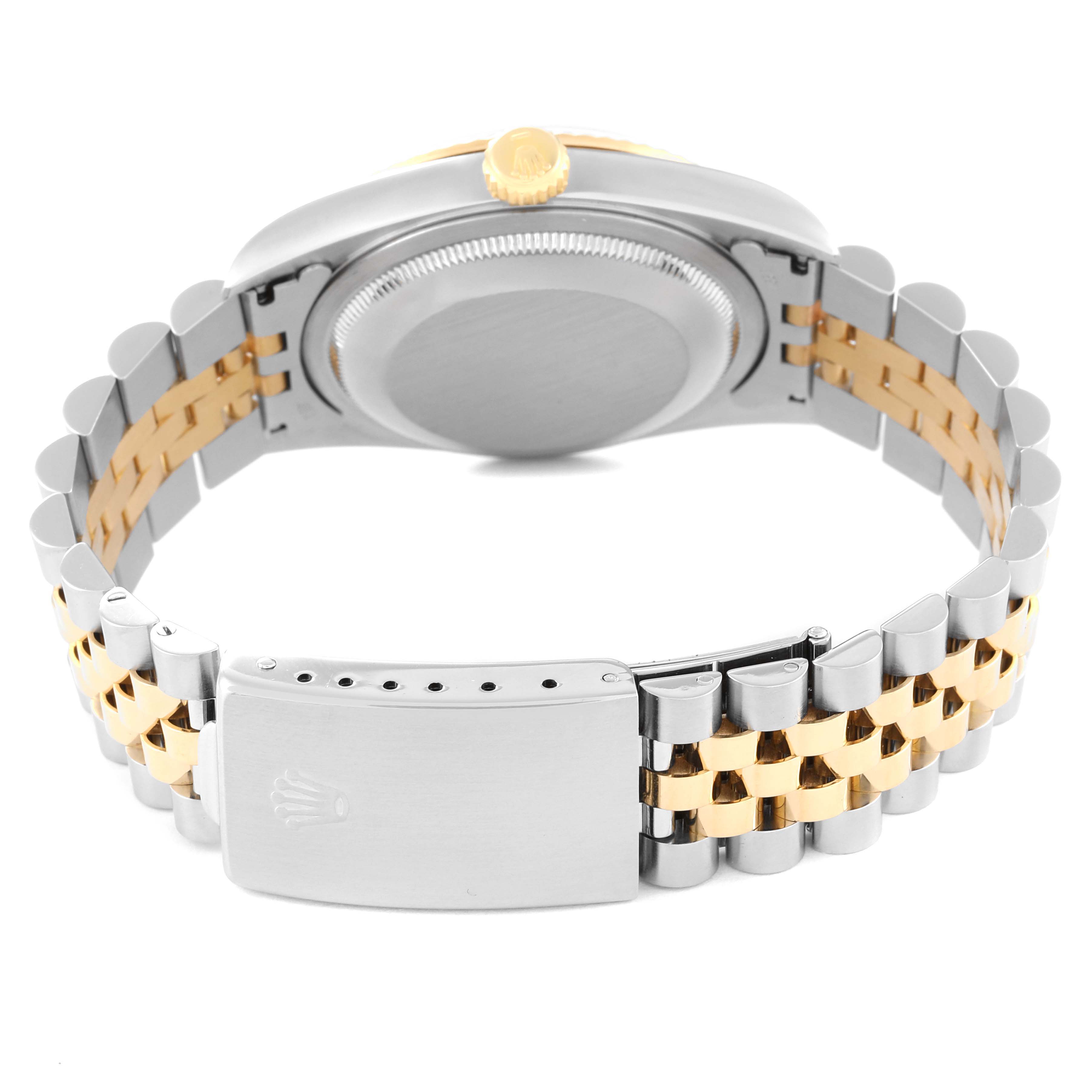 The image shows the back view of a Rolex Datejust 16233 Men's Steel and Gold (two tone) Champagne Dial 16233 Men's Steel and Gold (two tone) Champagne Dial watch, highlighting its Jubilee bracelet and clasp.