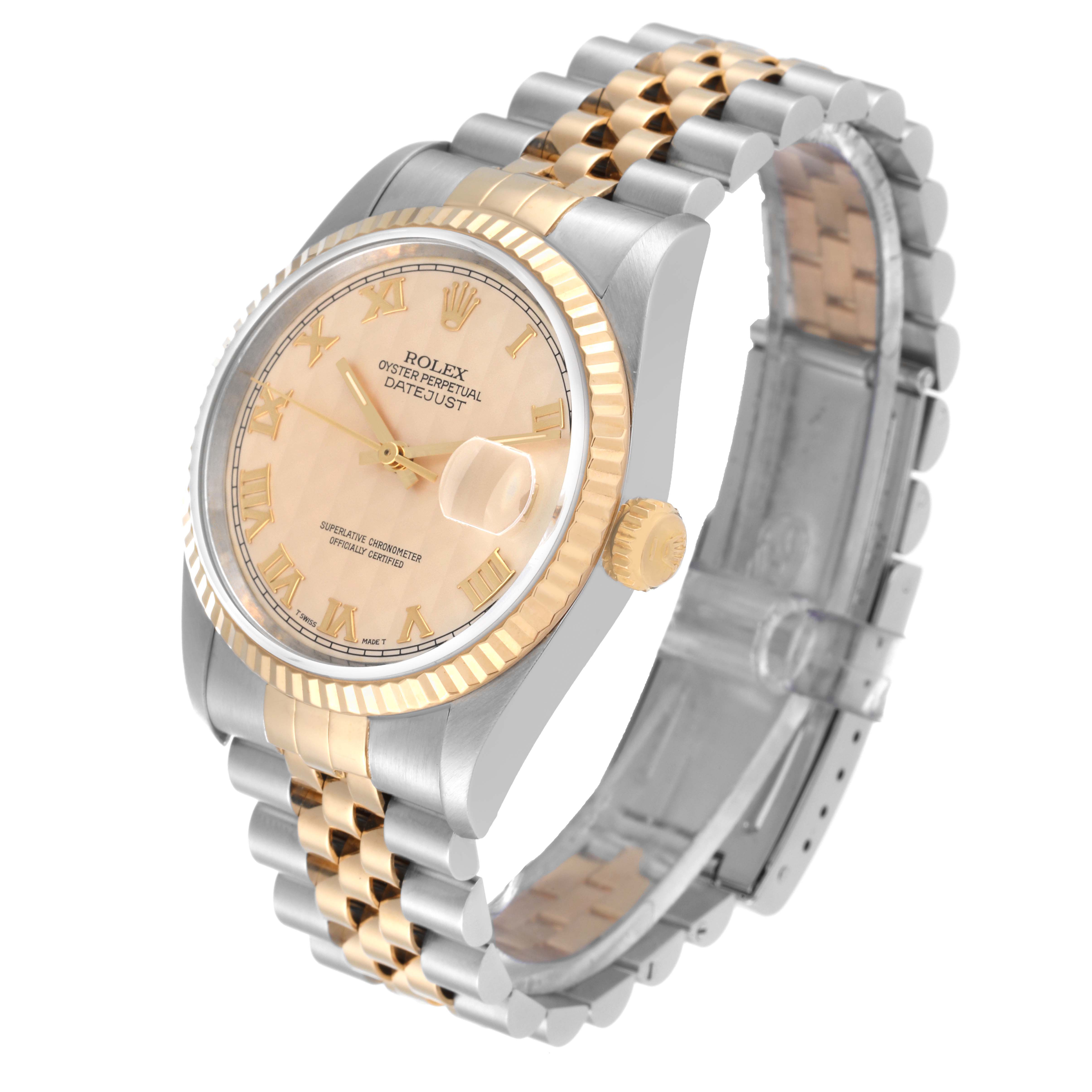 The Rolex Datejust 16233 Men's Steel and Gold (two tone) Champagne Dial 16233 Men's Steel and Gold (two tone) Champagne Dial watch is shown at an angle displaying its face, bezel, crown, and two-tone bracelet.