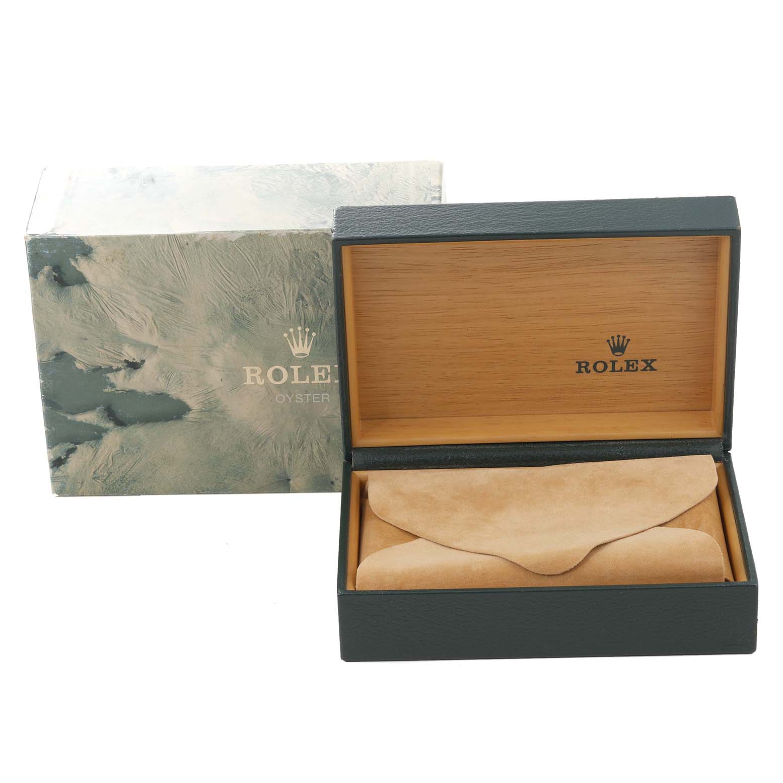The image shows the open box and outer packaging for a Rolex Datejust 16233 Men's Steel and Gold (two tone) Champagne Dial 16233 Men's Steel and Gold (two tone) Champagne Dial watch, with no watch visible.