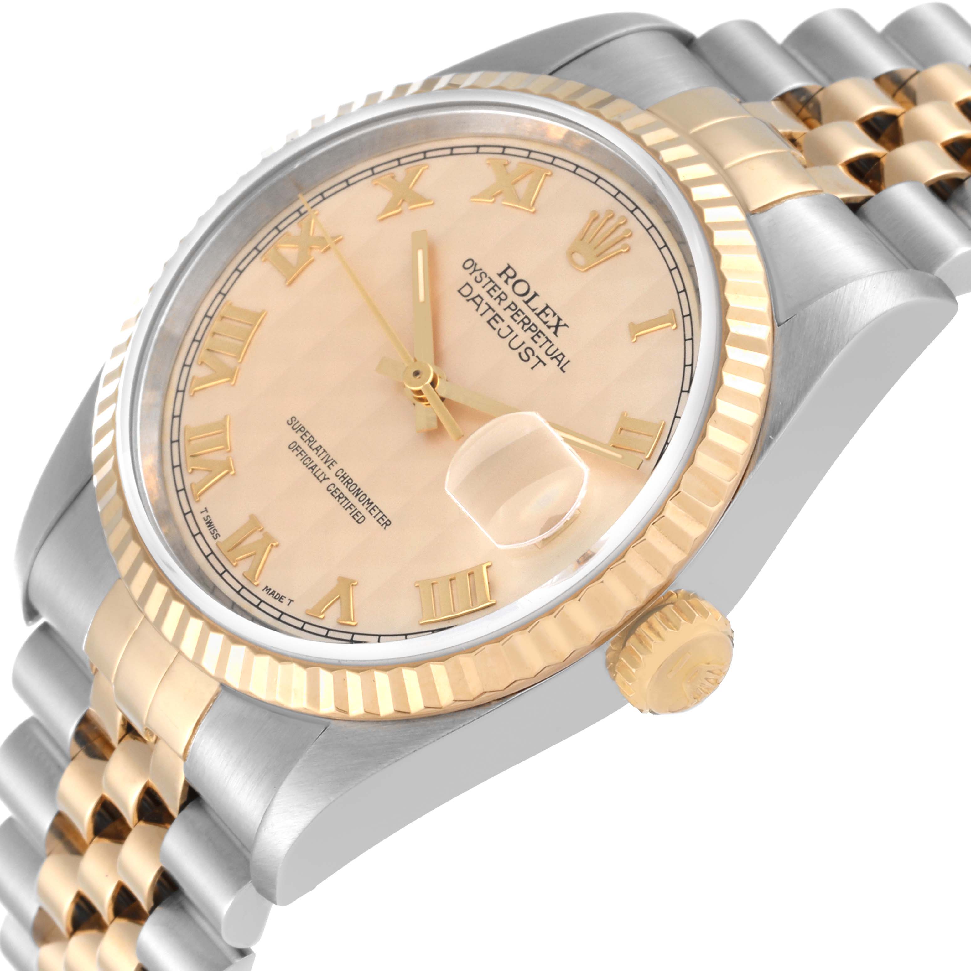 This image shows the angled side view of the Rolex Datejust 16233 Men's Steel and Gold (two tone) Champagne Dial 16233 Men's Steel and Gold (two tone) Champagne Dial watch, highlighting the bezel, dial, and bracelet.