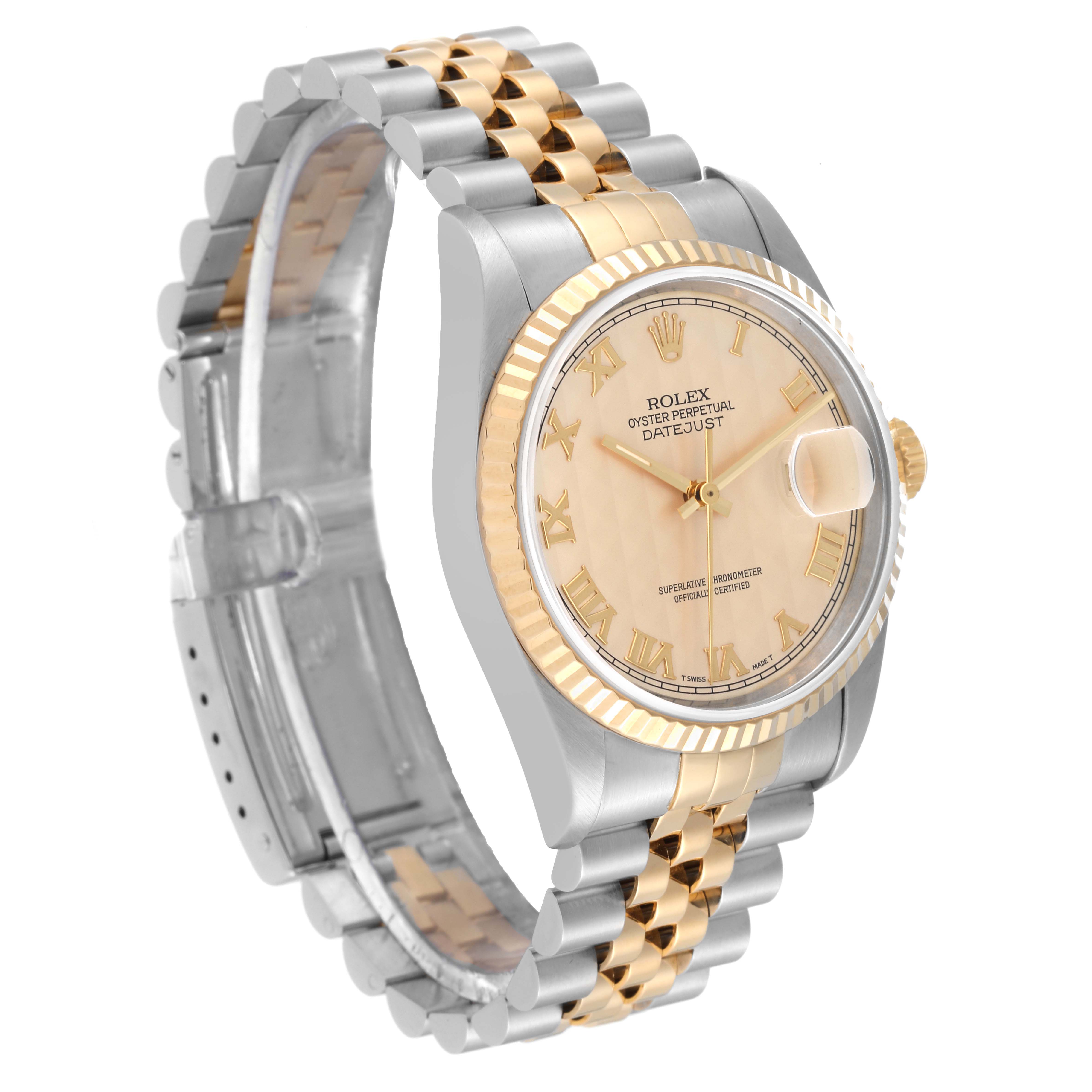 This image shows a Rolex Datejust 16233 Men's Steel and Gold (two tone) Champagne Dial 16233 Men's Steel and Gold (two tone) Champagne Dial watch at a three-quarter angle, highlighting its face, bezel, and Jubilee bracelet.