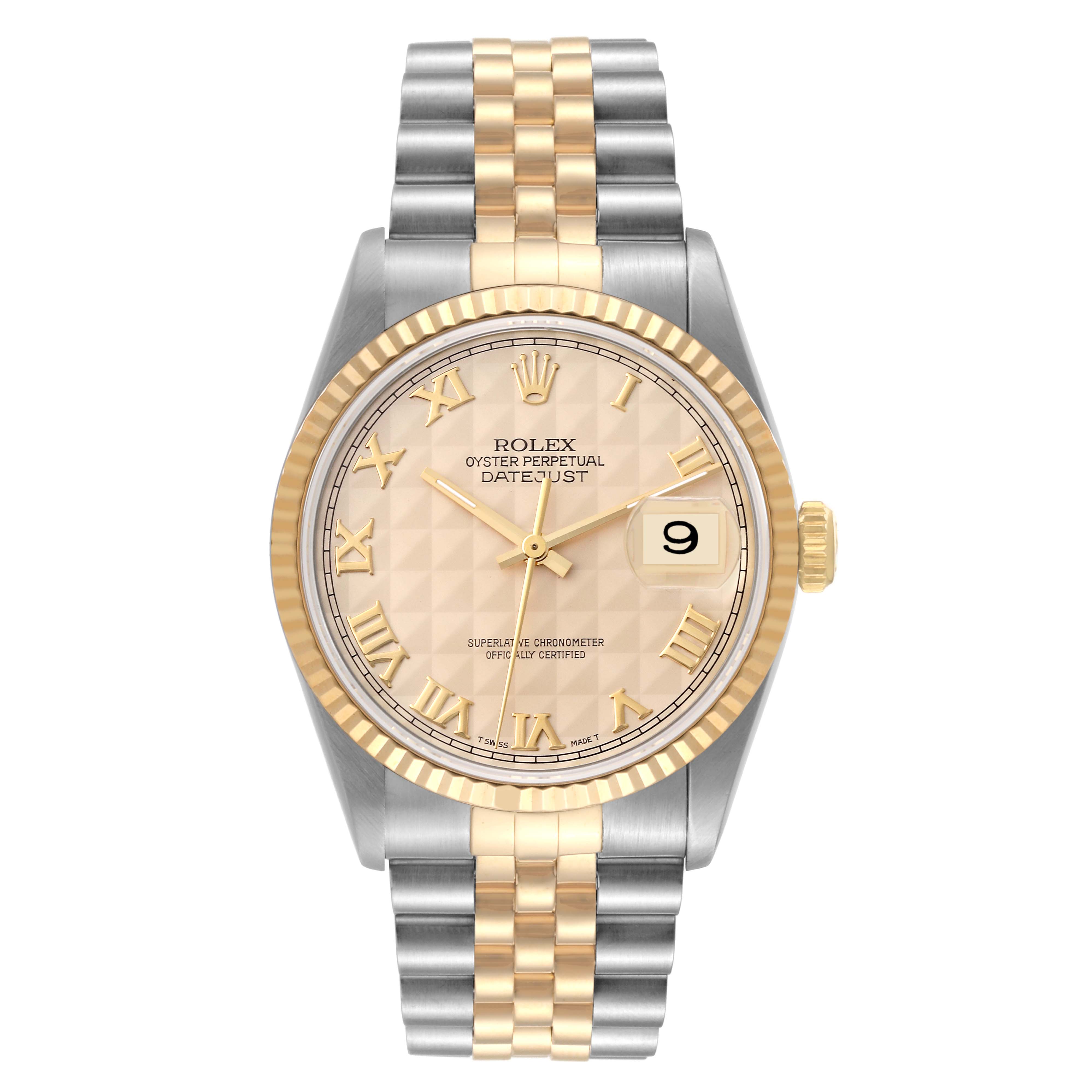 This Rolex Datejust 16233 Men's Steel and Gold (two tone) Champagne Dial 16233 Men's Steel and Gold (two tone) Champagne Dial model is shown from a front angle, displaying the dial, bezel, and two-tone bracelet.