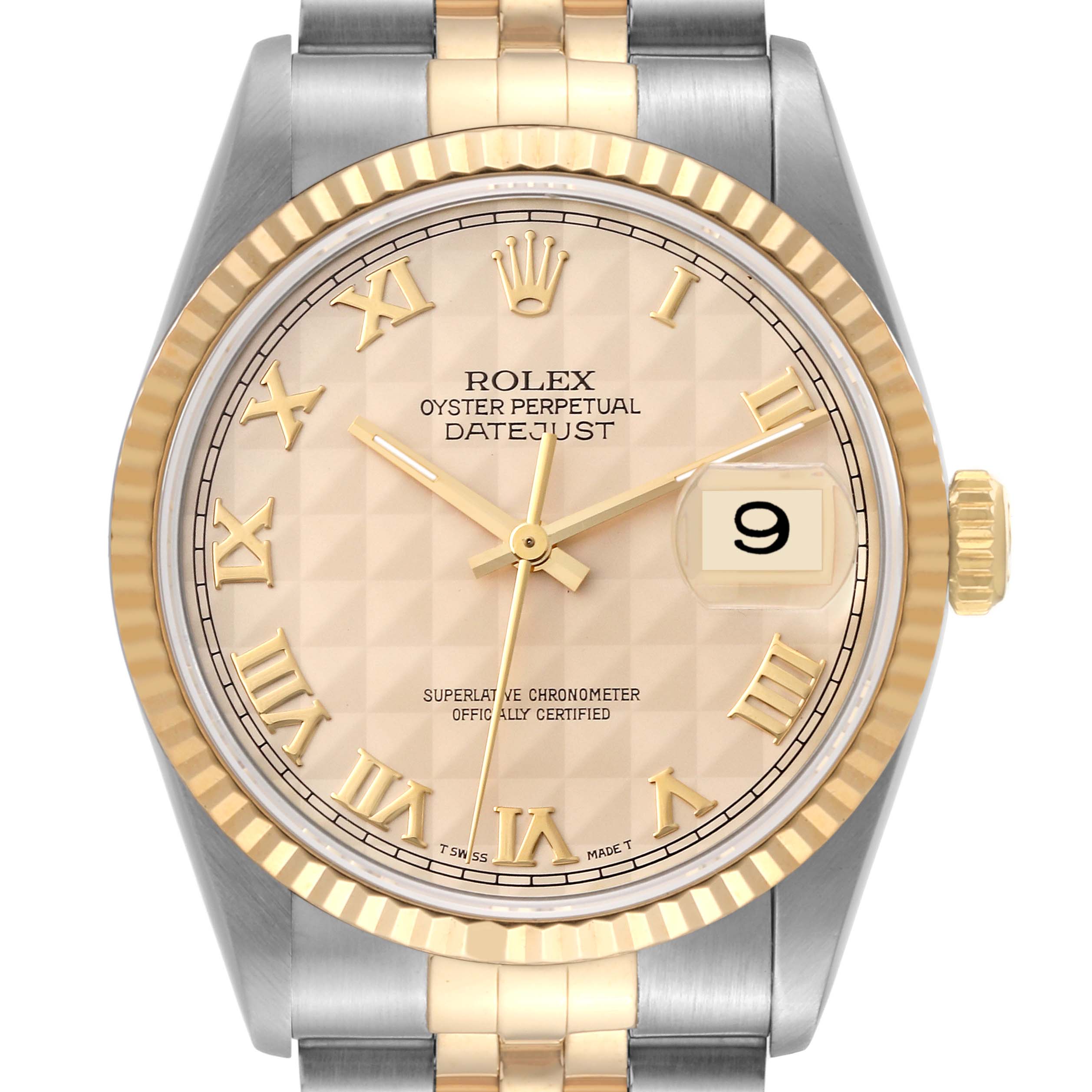 This image shows a frontal view of a Rolex Datejust 16233 Men's Steel and Gold (two tone) Champagne Dial 16233 Men's Steel and Gold (two tone) Champagne Dial watch, highlighting the dial, hands, bezel, and part of the bracelet.
