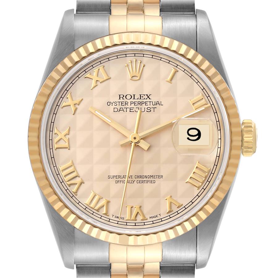 This image shows a frontal view of a Rolex Datejust 16233 Men's Steel and Gold (two tone) Champagne Dial 16233 Men's Steel and Gold (two tone) Champagne Dial watch, highlighting the dial, hands, bezel, and part of the bracelet.