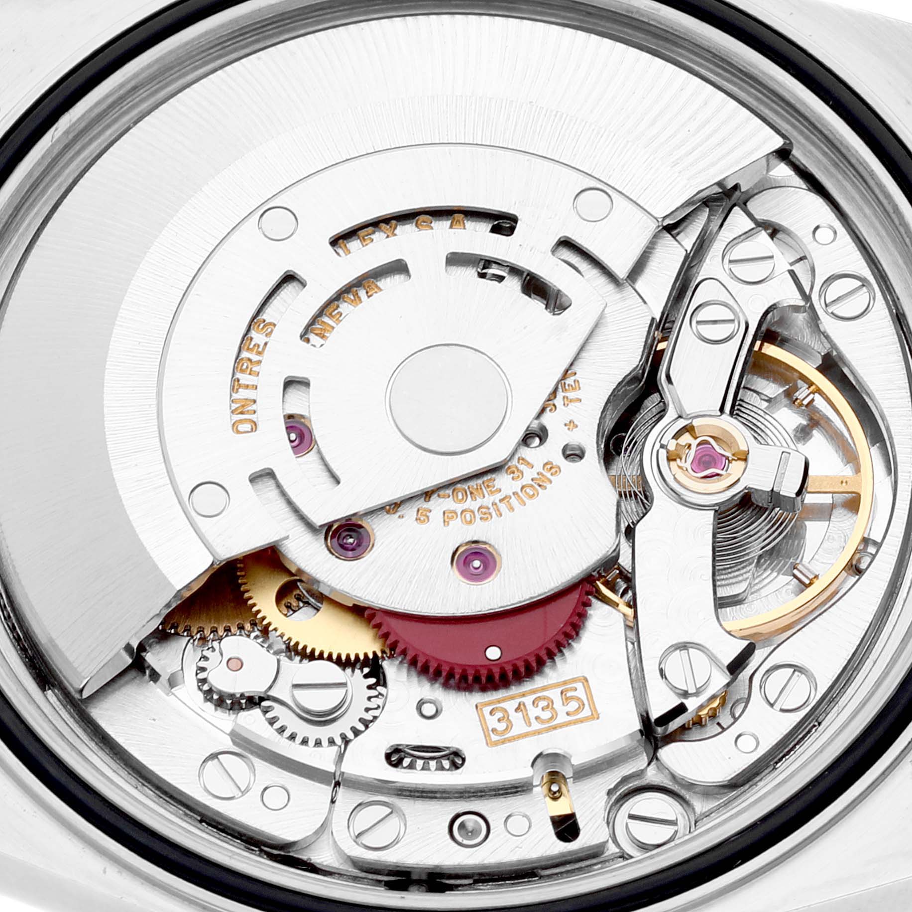 The image shows a close-up of the movement and internal mechanisms of a Rolex Datejust 16233 Men's Steel and Gold (two tone) Champagne Dial 16233 Men's Steel and Gold (two tone) Champagne Dial watch.