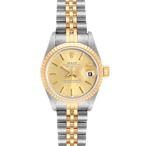 The image shows a front view of a Rolex Datejust 69173 Women's Steel and Gold (two tone) Champagne Dial 69173 Women's Steel and Gold (two tone) Champagne Dial watch, highlighting its gold and silver bracelet, fluted bezel, and date display.