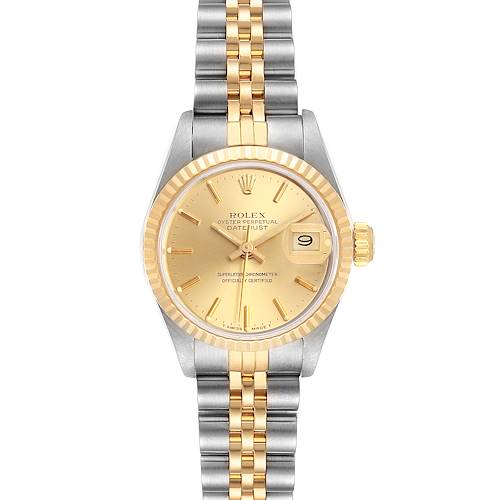 This image shows a Rolex Datejust 69173 Women's Steel and Gold (two tone) Champagne Dial 69173 Women's Steel and Gold (two tone) Champagne Dial watch viewed from the front, displaying its dial, bezel, and two-tone bracelet.