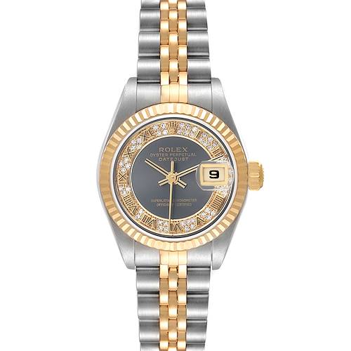 The Rolex Datejust 79173 Women's Steel and Gold (two tone) Grey Dial watch is shown from a top-down angle, highlighting the face, bezel, and bracelet.