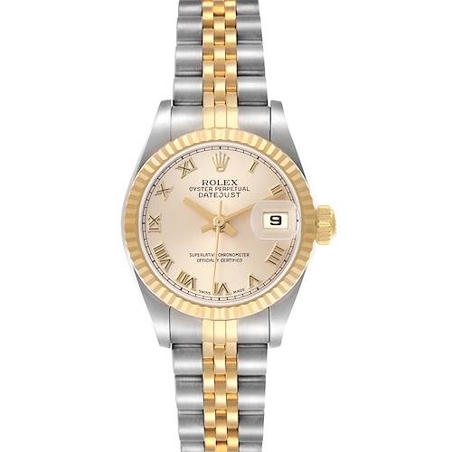 The Rolex Datejust 79173 Women's Steel and Gold (two tone) Champagne Dial watch is shown from the front, displaying its face, bezel, and part of its two-tone bracelet.