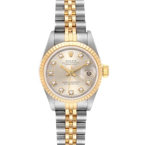 This image shows a front view of the Rolex Datejust 69173 Women's Steel and Gold (two tone) Silver Dial 69173 Women's Steel and Gold (two tone) Silver Dial watch, highlighting its bezel, dial, hands, and two-tone jubilee bracelet.