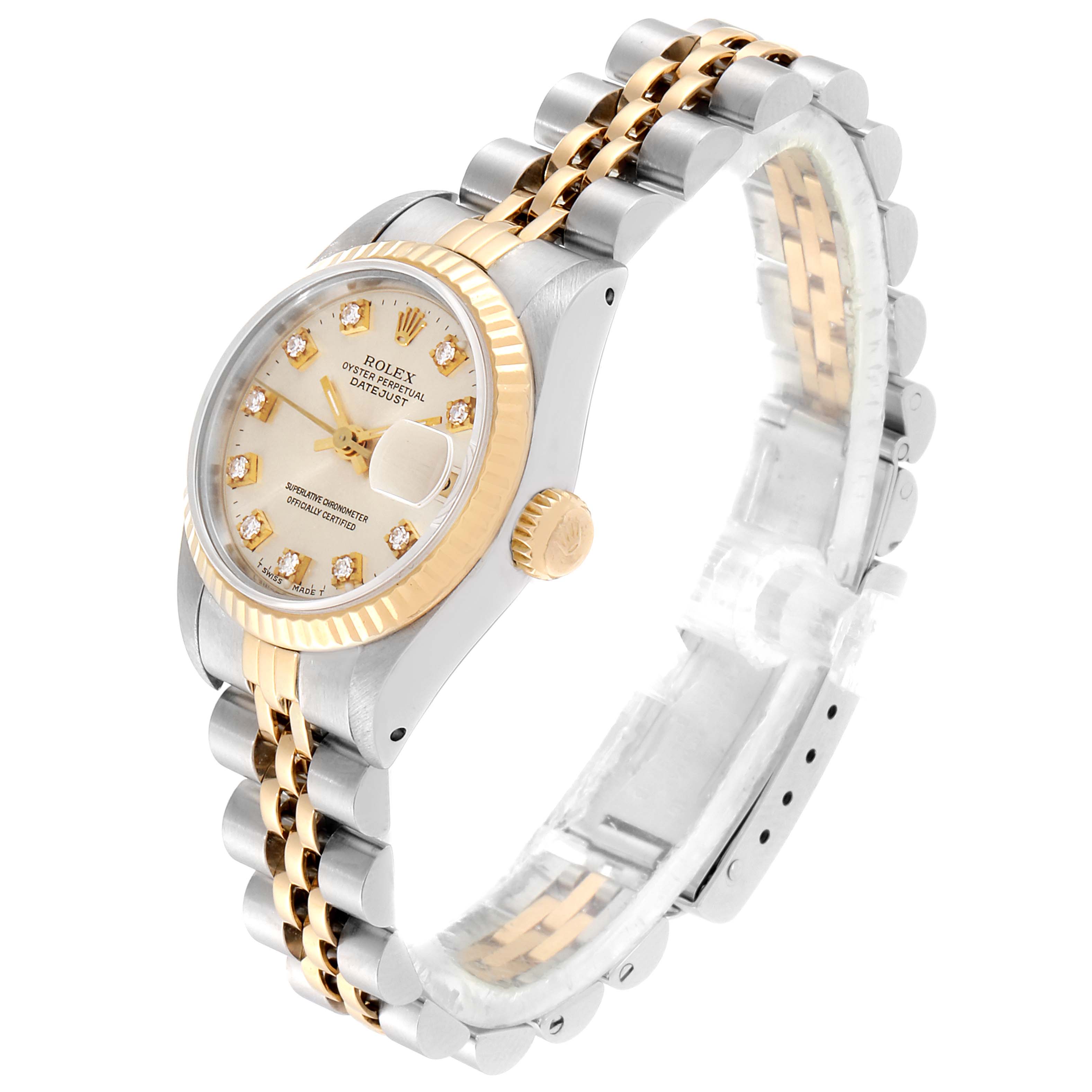 The image shows a Rolex Datejust 69173 Women's Steel and Gold (two tone) Silver Dial 69173 Women's Steel and Gold (two tone) Silver Dial watch angled to display the dial, bezel, crown, and bracelet.