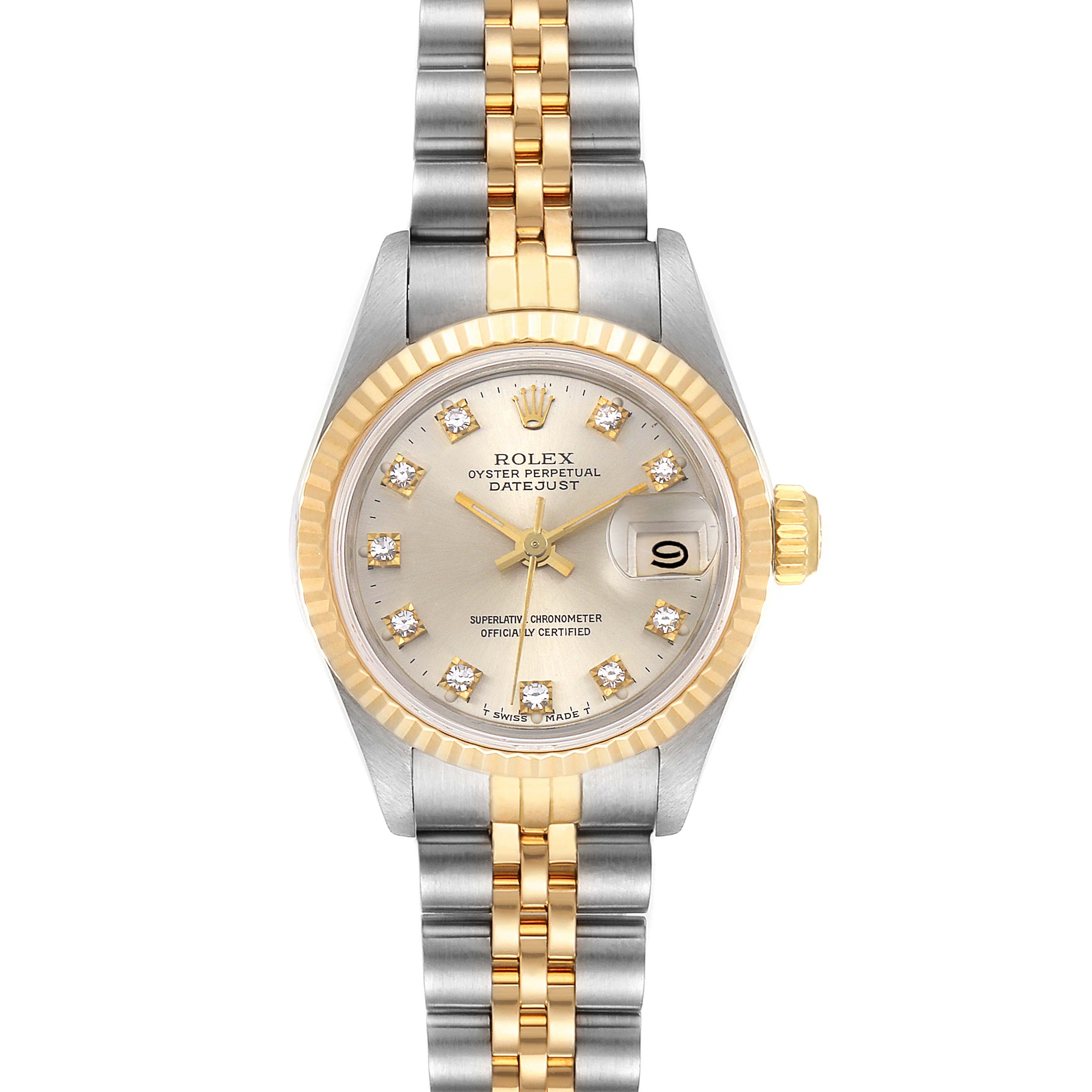 The image shows a Rolex Datejust 69173 Women's Steel and Gold (two tone) Silver Dial 69173 Women's Steel and Gold (two tone) Silver Dial watch from a front angle, featuring the dial, bezel, and part of the bracelet.