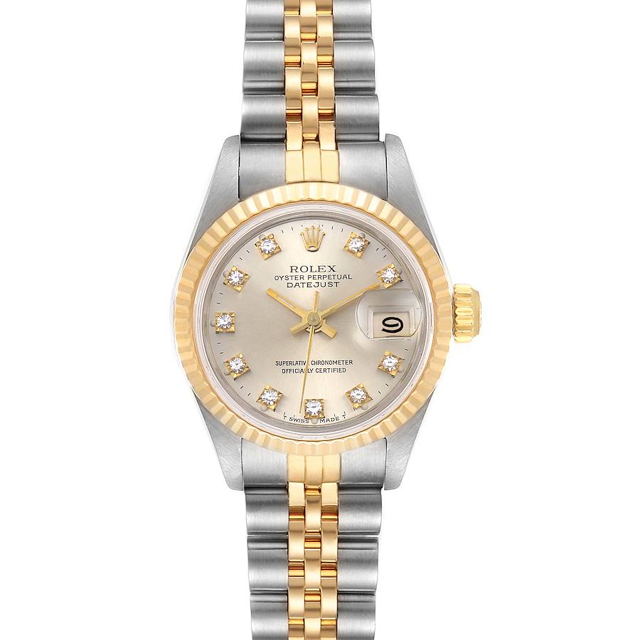The image shows a Rolex Datejust 69173 Women's Steel and Gold (two tone) Silver Dial 69173 Women's Steel and Gold (two tone) Silver Dial watch from a front angle, featuring the dial, bezel, and part of the bracelet.