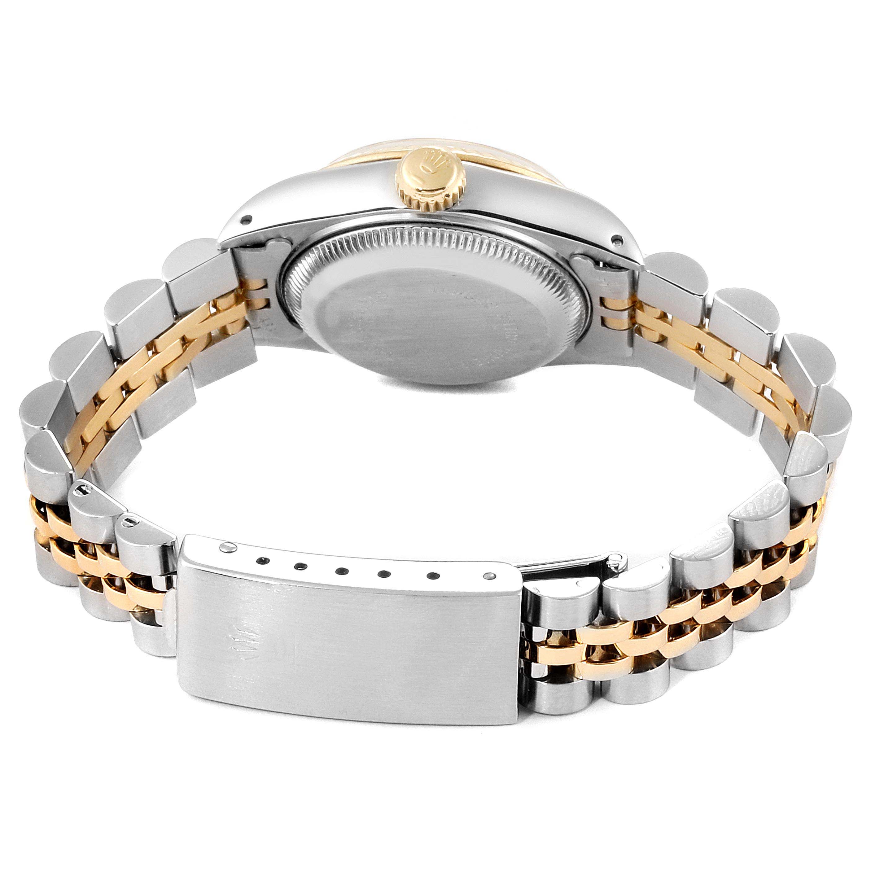 The image shows the back of the Rolex Datejust 69173 Women's Steel and Gold (two tone) Silver Dial 69173 Women's Steel and Gold (two tone) Silver Dial watch, focusing on the case back, bracelet, and clasp.