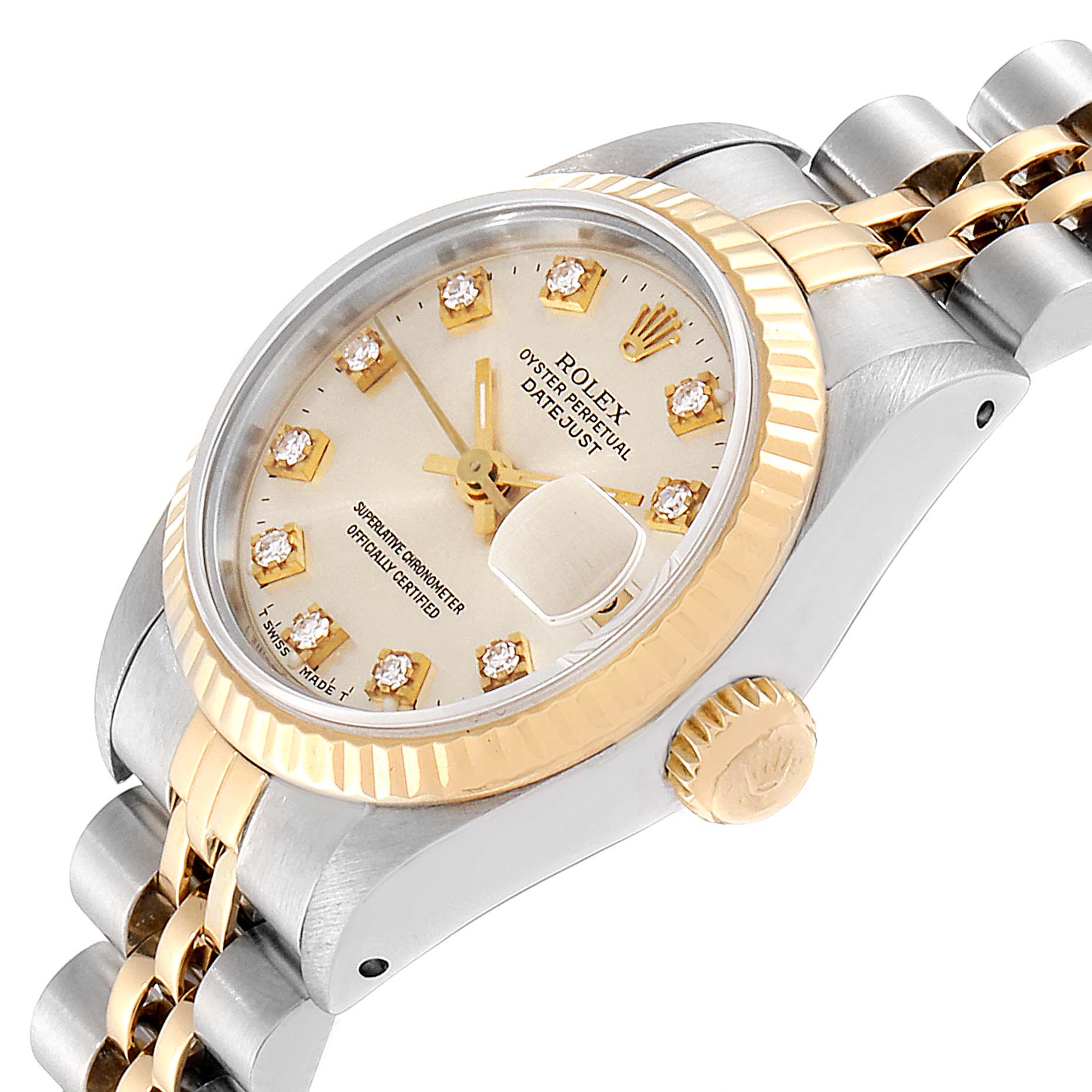 The image shows a Rolex Datejust 69173 Women's Steel and Gold (two tone) Silver Dial 69173 Women's Steel and Gold (two tone) Silver Dial watch at an angle highlighting the dial, bezel, crown, and part of the bracelet.
