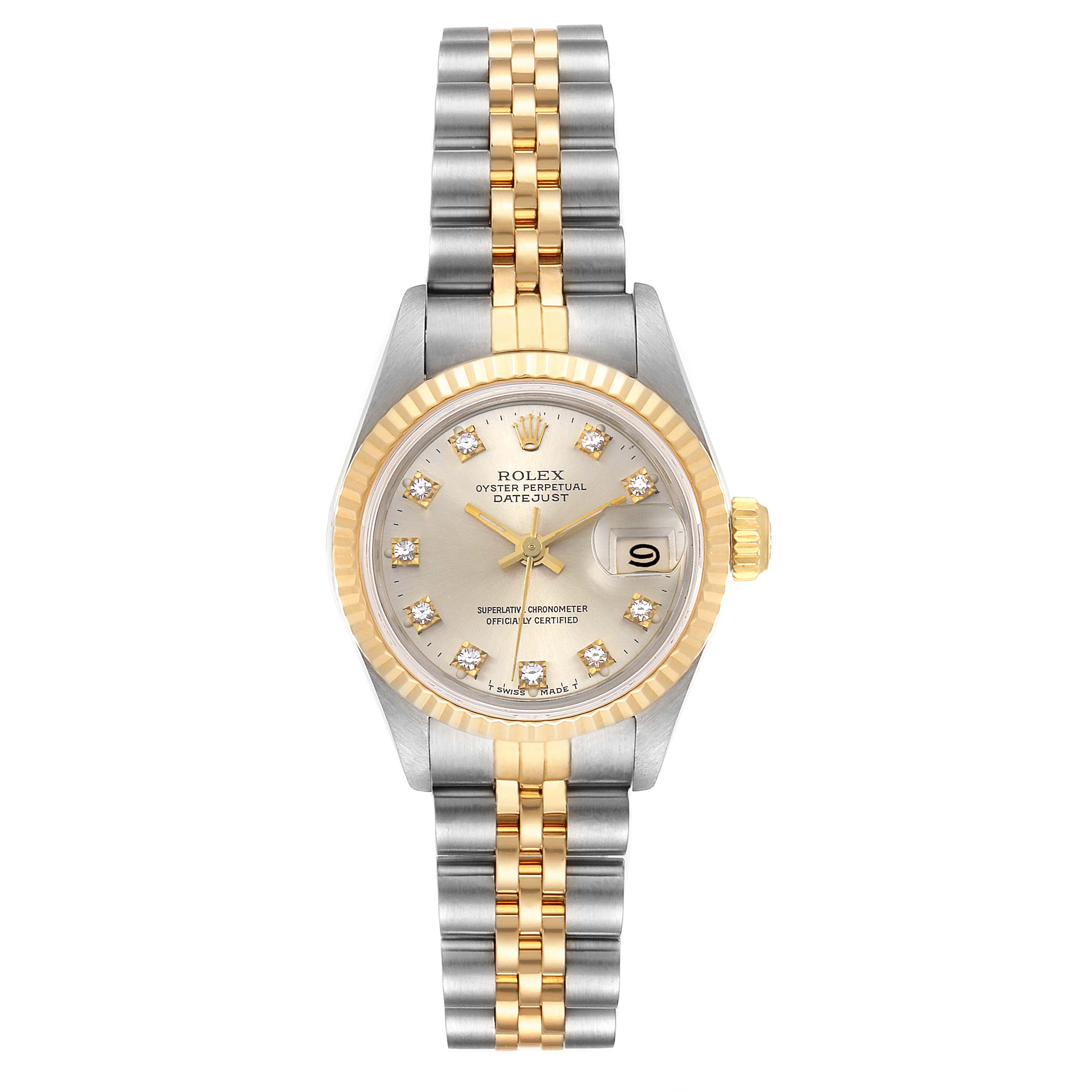 The Rolex Datejust 69173 Women's Steel and Gold (two tone) Silver Dial 69173 Women's Steel and Gold (two tone) Silver Dial model is shown from the front, displaying its face, dial, bezel, and two-tone bracelet.