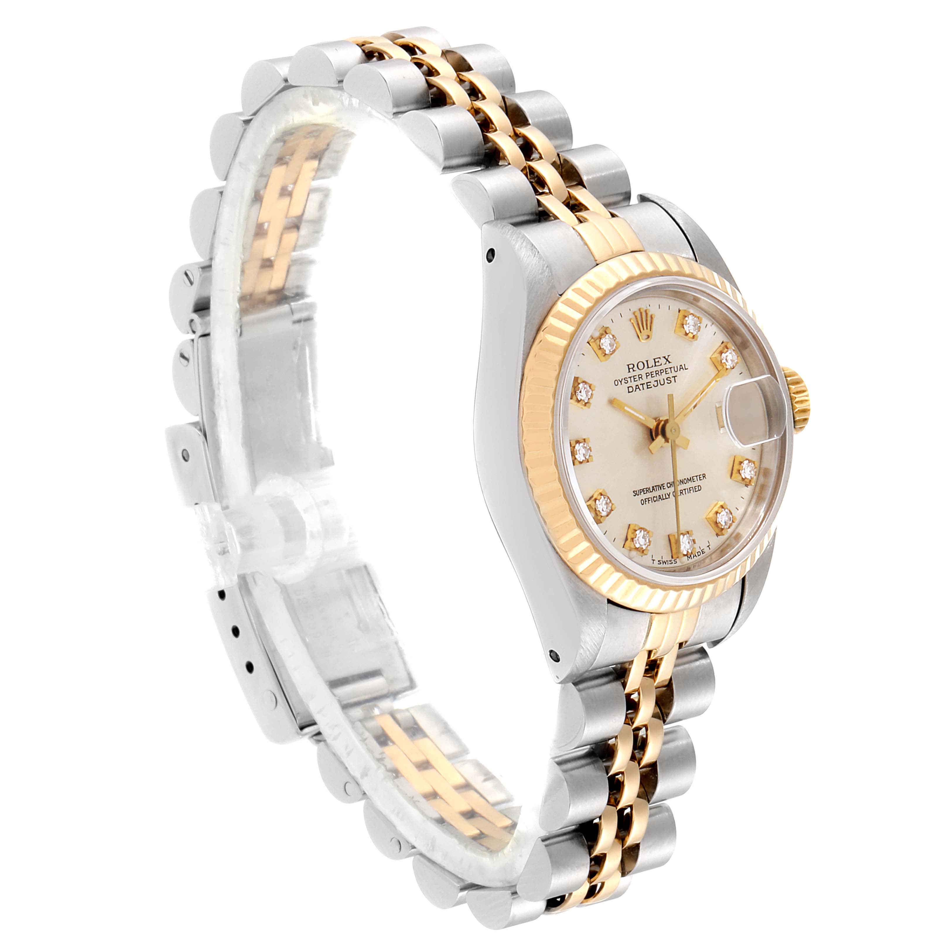 The image shows a Rolex Datejust 69173 Women's Steel and Gold (two tone) Silver Dial 69173 Women's Steel and Gold (two tone) Silver Dial watch at a three-quarter angle highlighting the dial, bezel, case, and bracelet.