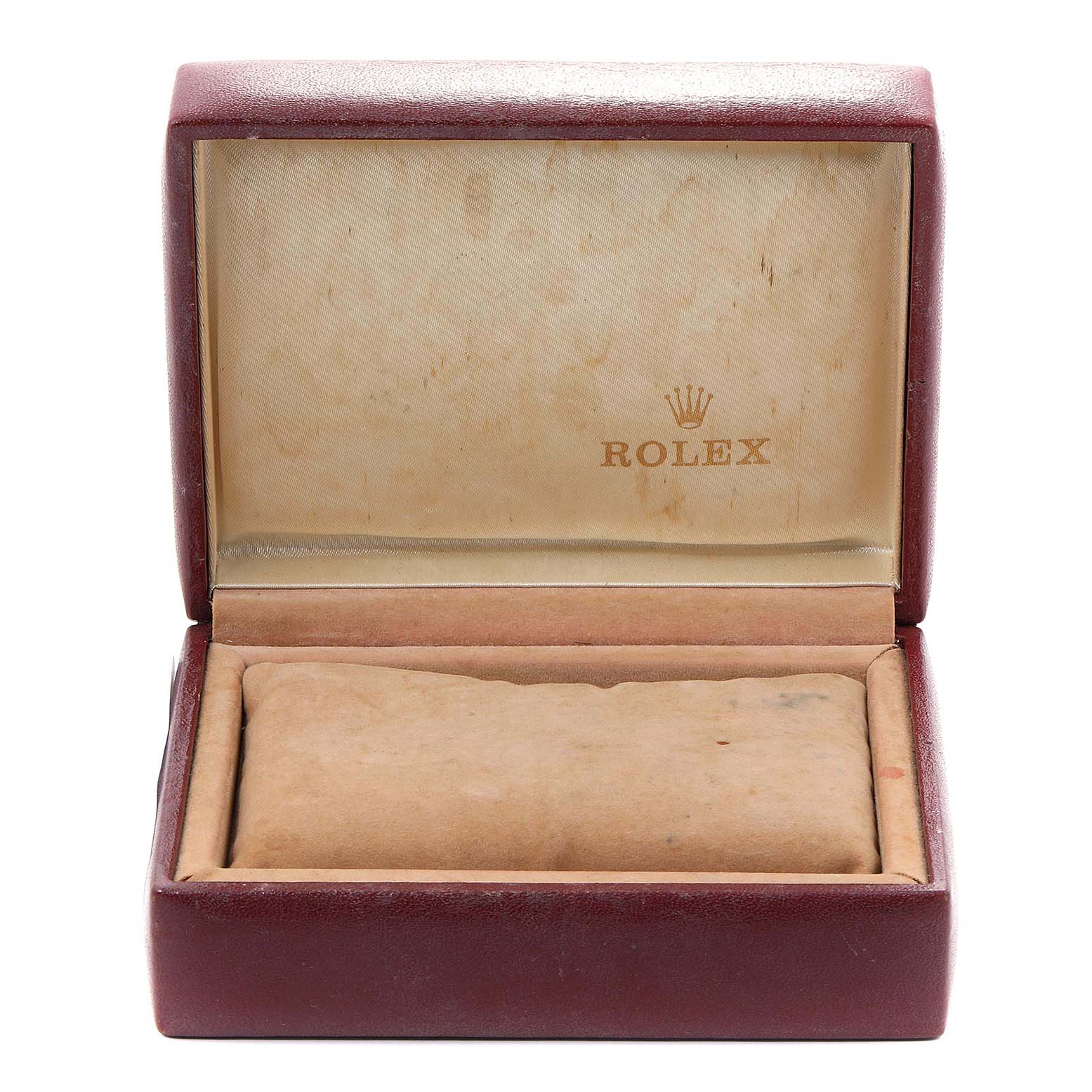 This image shows an open Rolex Datejust 69173 Women's Steel and Gold (two tone) Silver Dial 69173 Women's Steel and Gold (two tone) Silver Dial watch box from a front angle.