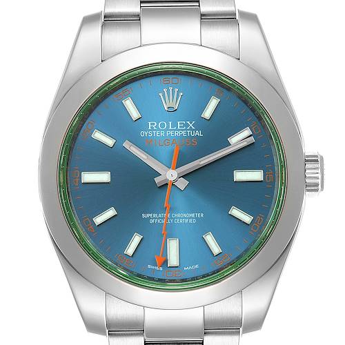 This image shows a front view of a Rolex Milgauss 116400GV Men's Stainless Steel Blue Dial 116400GV Men's Stainless Steel Blue Dial watch featuring its blue dial, orange lightning-bolt second hand, and stainless steel bracelet.