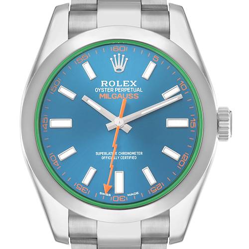 The Rolex Milgauss 116400 Men's Stainless Steel Blue Dial is shown from a front angle, displaying the dial, hands, bezel, and part of the bracelet.