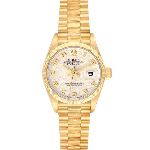This image shows a front view of the Rolex President 69278 Women's Yellow Gold Beige Dial 69278 Women's Yellow Gold Beige Dial model watch, highlighting its face, bezel, crown, and bracelet.