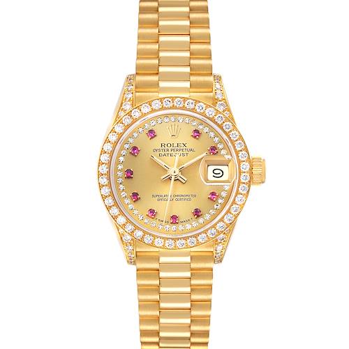 The Rolex President 69158 Women's Yellow Gold Champagne Dial model watch is shown from the front, highlighting its gold case, diamond bezel, and bracelet.