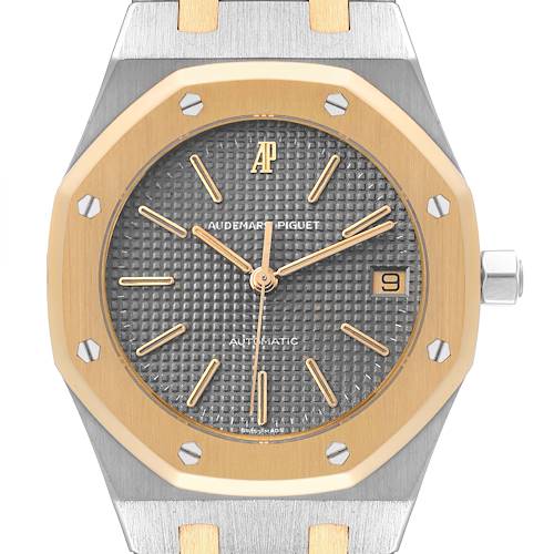 This image shows a front view of the Audemars Piguet Royal Oak 14100SA Men's Steel and Gold (two tone) Grey Dial 14100SA Men's Steel and Gold (two tone) Grey Dial watch, highlighting the dial, bezel, and crown.
