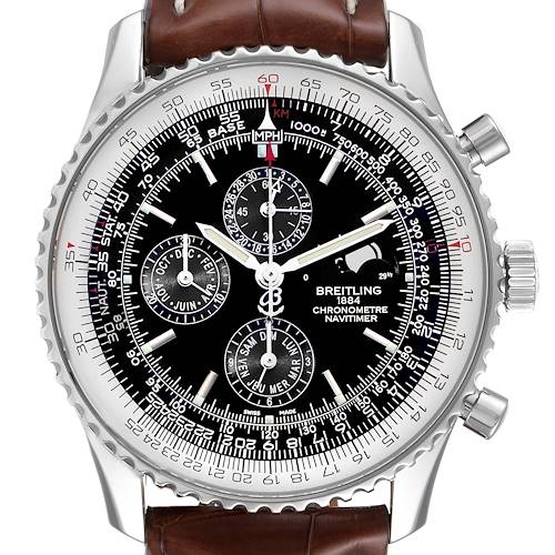 The image shows a frontal view of a Breitling Navitimer A19370 Men's Stainless Steel Black Dial A19370 Men's Stainless Steel Black Dial watch, highlighting its dial, subdials, bezel, and leather strap.