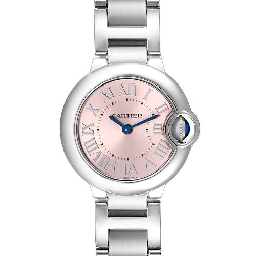 The image shows a front view of a Cartier Ballon Bleu W6920038 Women's Stainless Steel Pink Dial W6920038 Women's Stainless Steel Pink Dial watch displaying its dial, bracelet, Roman numerals, and blue hands.