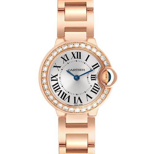 The image shows a frontal view of the Cartier Ballon Bleu WE9002Z3 Women's Rose Gold Silver Dial WE9002Z3 Women's Rose Gold Silver Dial watch, highlighting its face, bezel with diamonds, and part of the bracelet.