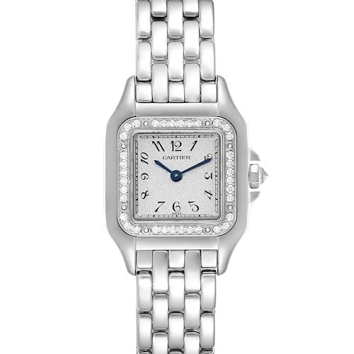 This image shows the front view of a Cartier Panthere WF3091F3 Women's White Gold Silver Dial WF3091F3 Women's White Gold Silver Dial watch, featuring a silver bracelet and a diamond-encrusted bezel.
