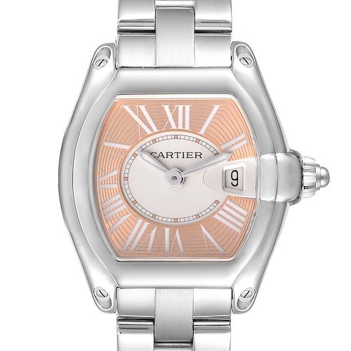 The image shows a Cartier Roadster W62054V3 Women's Stainless Steel Pink Dial W62054V3 Women's Stainless Steel Pink Dial watch front view, highlighting its face, crown, and part of the bracelet.
