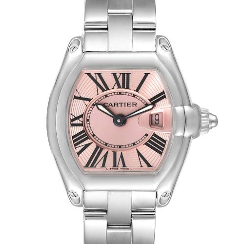 The image shows a front view of a Cartier Roadster W62017V3 Women's Stainless Steel Pink Dial W62017V3 Women's Stainless Steel Pink Dial watch, highlighting its bracelet, face, crown, and date window.